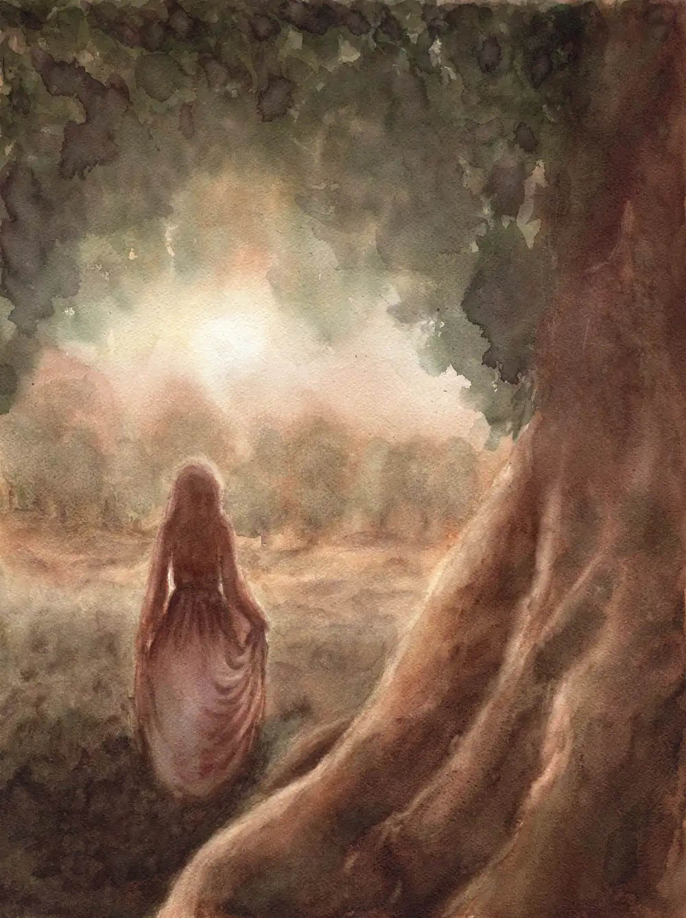 Susurro entre la luz y la bruma, acuarela de gran formato de un bosque